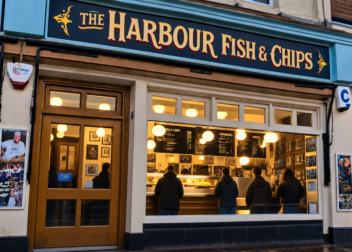 The Harbour Fish & Chips shopfront with customers ordering through the illuminated takeaway window