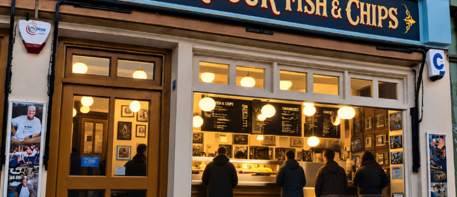 The Harbour Fish & Chips shopfront with customers ordering through the illuminated takeaway window
