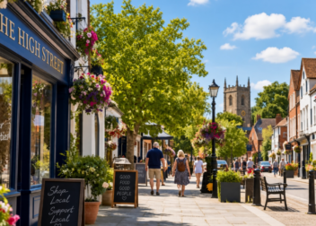 Welcoming British high street with independent shops, hanging baskets, pedestrians and a church in the background