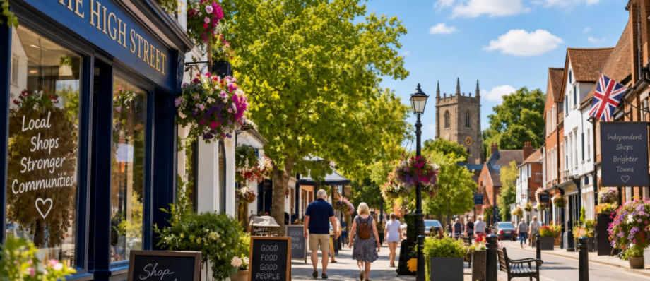 Welcoming British high street with independent shops, hanging baskets, pedestrians and a church in the background