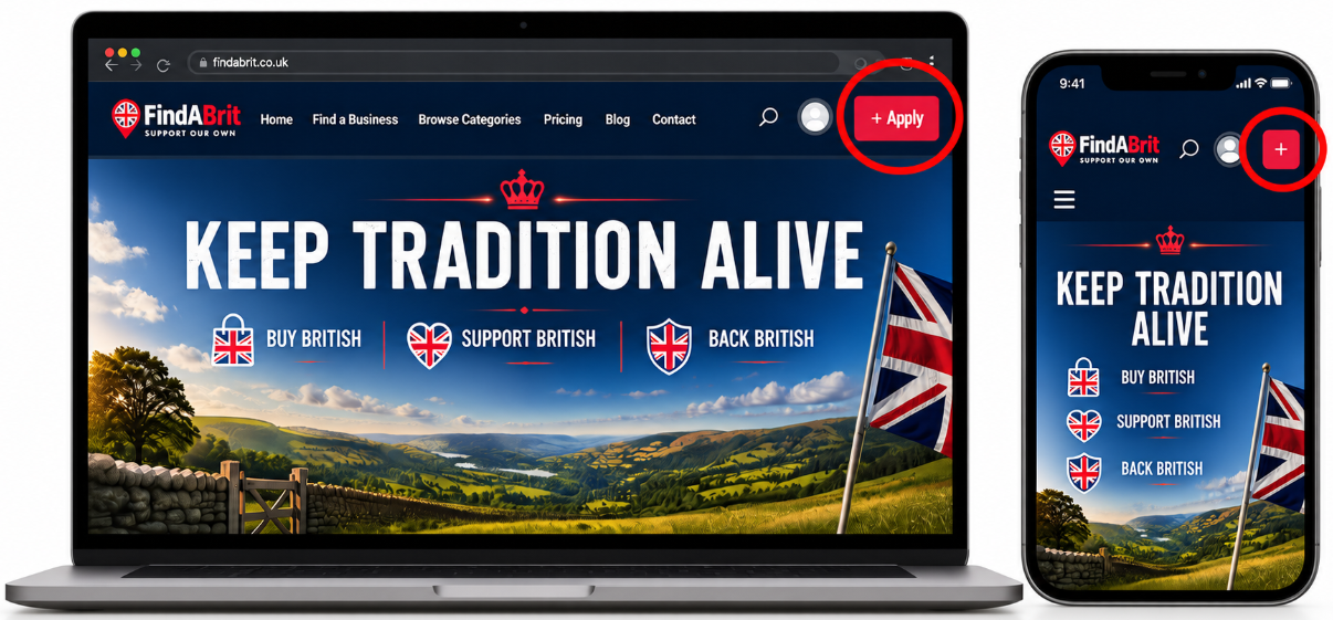 Where to find the FindABrit Apply button on desktop and mobile