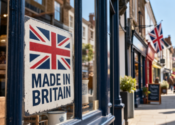 ‘Made in Britain’ sign displayed in a shop window on a town centre street