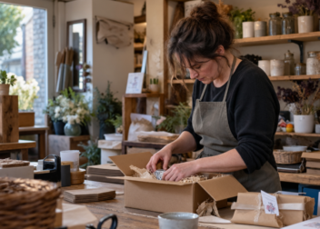 Small British business owner packing an order in her workshop