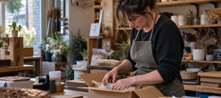 Small British business owner packing an order in her workshop