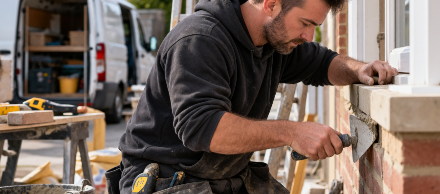 Tradesperson carrying out building work on a British home