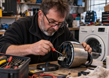 Repairer fixing a broken household appliance instead of replacing it