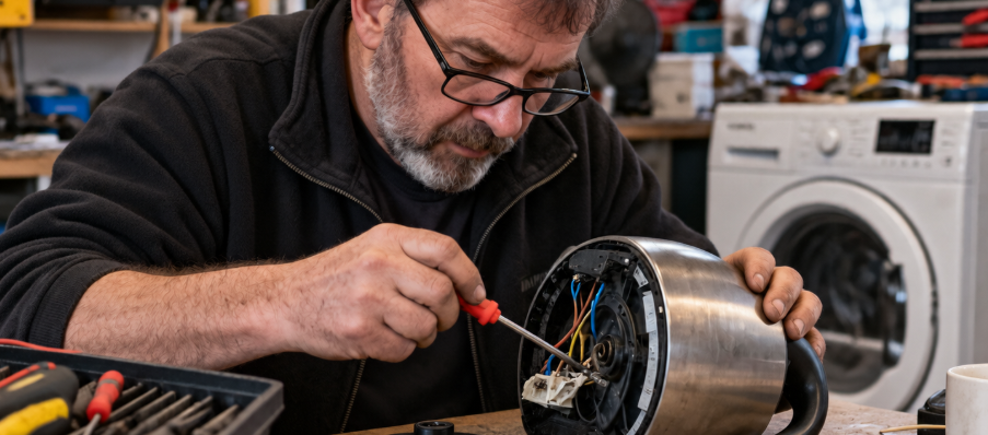 Repairer fixing a broken household appliance instead of replacing it